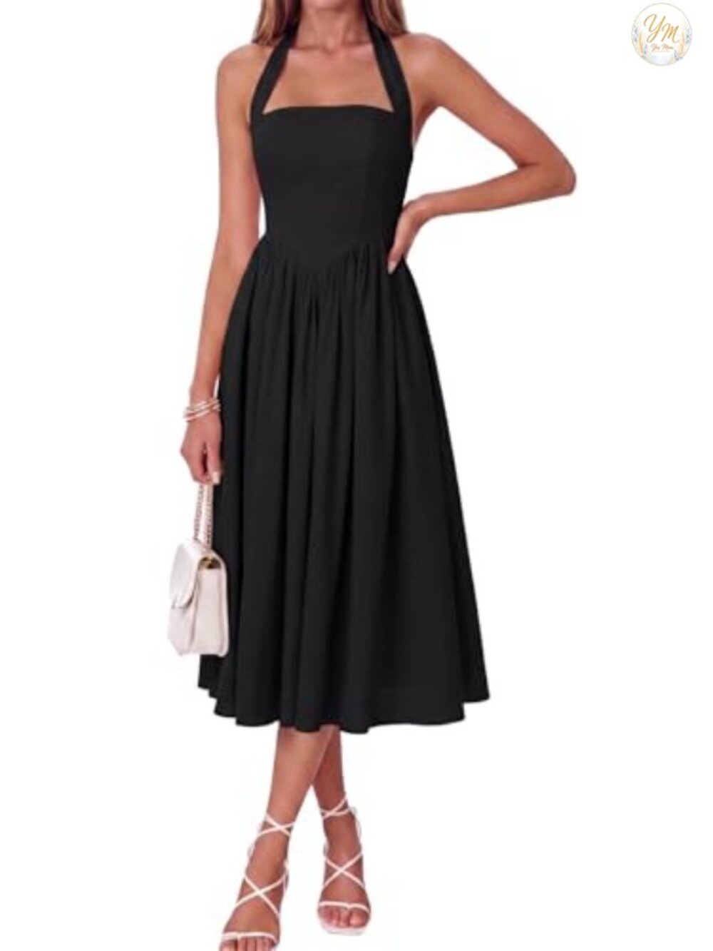 Women's Halter Corset Wedding Guest Midi Dress with Open Back